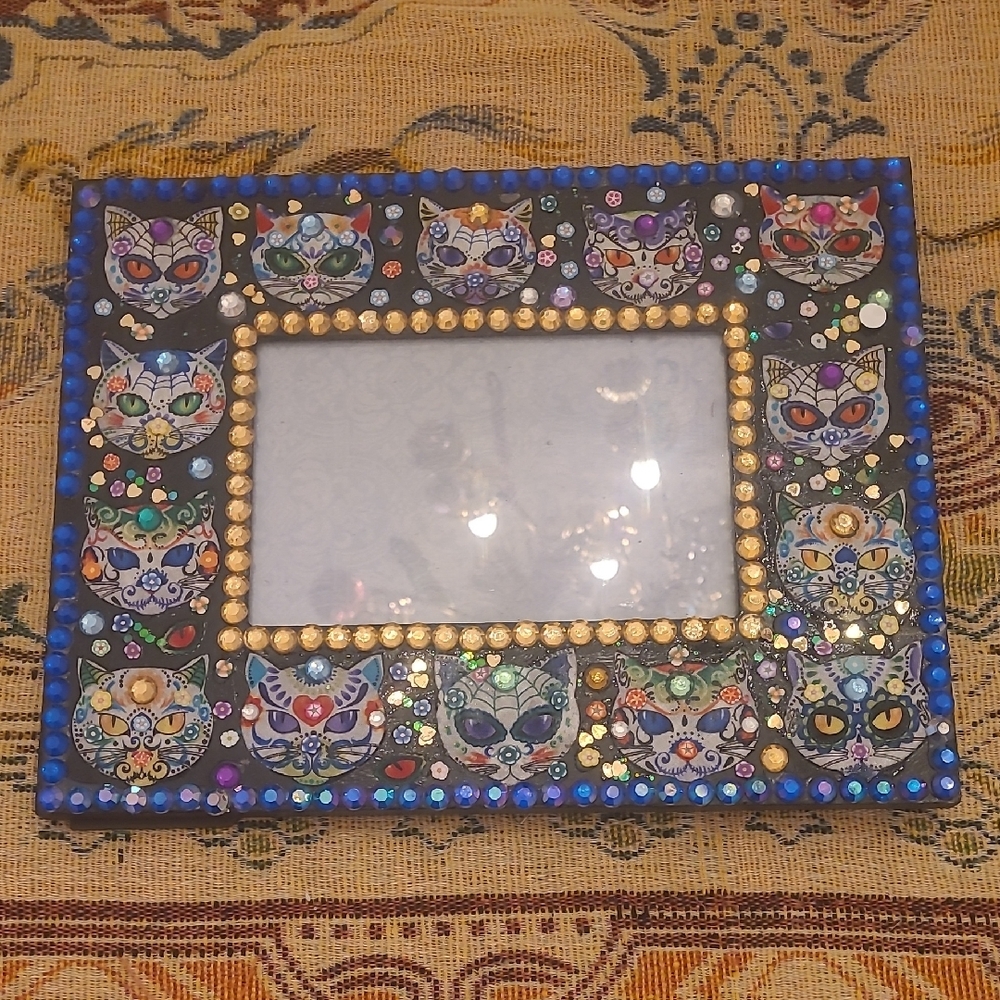 Blue and Gold Mixed Media Art Frame with Mosaic Design
